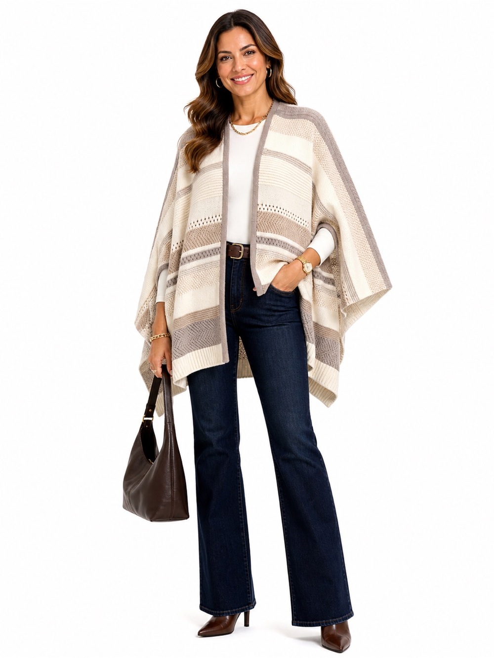 White House Black Market Cream and Taupe Metallic-Thread Open Cardigan